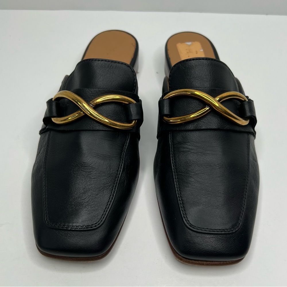 M. Gemi Black Leather Mule Slides with Gold Chain Accent - Picture 3 of 15